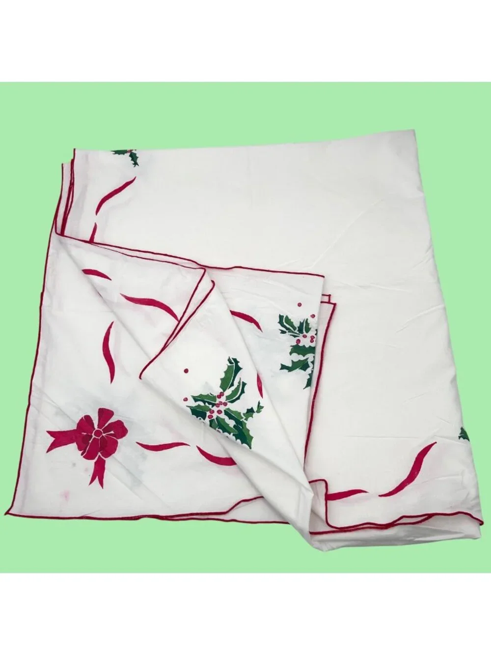 VINTAGE HAND PAINTED/MADE CHRISTMAS HOLLY RECTANGULAR TABLECLOTH - 114.75 X 57.5